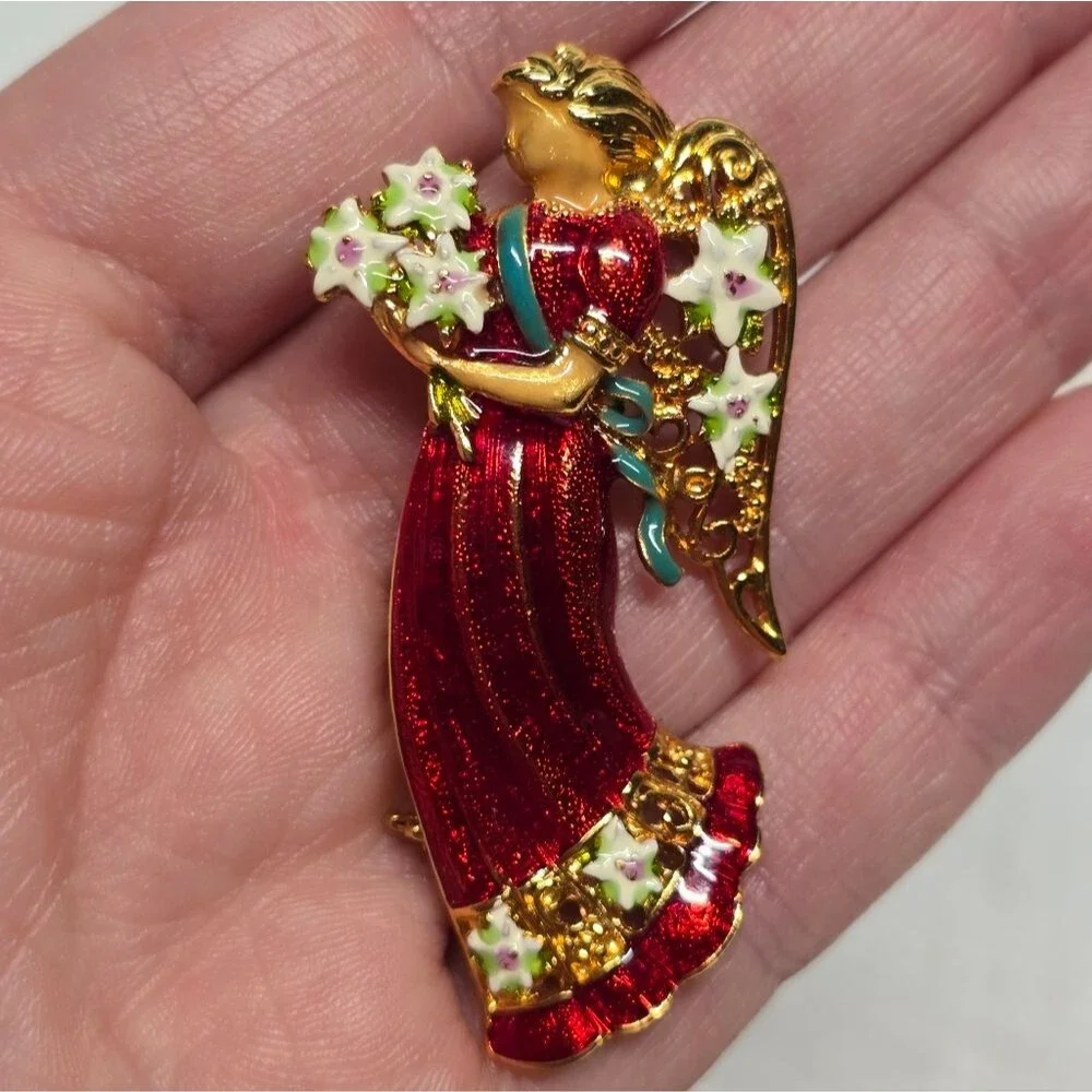 Christopher Radko Christmas Angel Brooch Gold Tone Red Enamel Signed Rare VTG - Picture 3 of 9